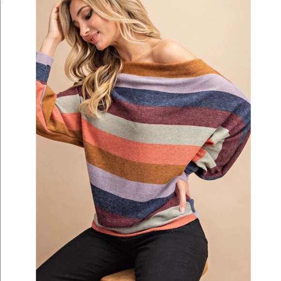 New! Trendy Comfy Off Shoulder Stripe Dolman Top. - Picture 2 of 7